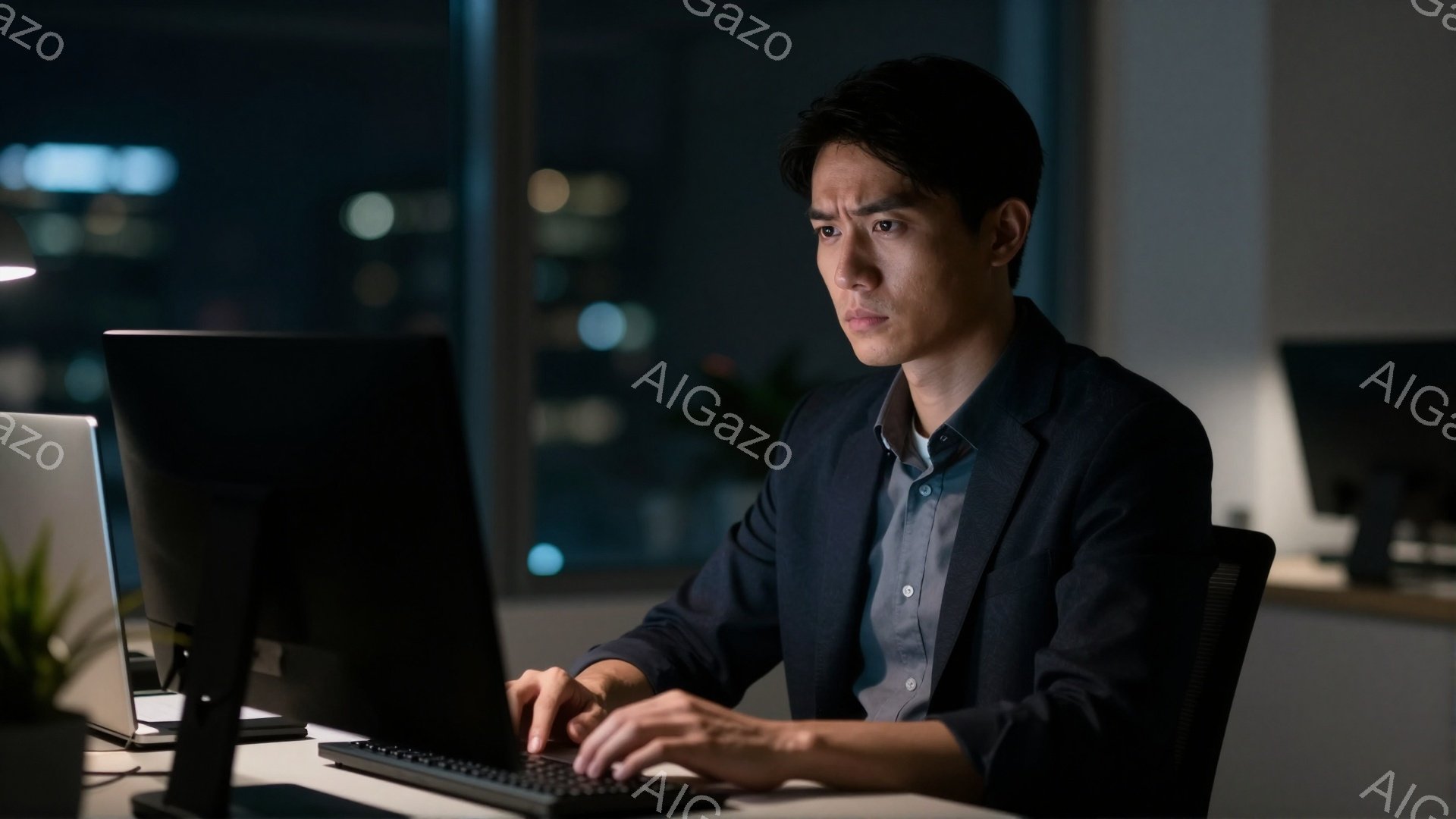 若い男性がパソコンに向かってタイピングしている姿が描かれている。彼は濃い色のジャケットと薄いブルーのシャツを着ており、短く整えられた髪型をしている。背景は夜景で、窓からはぼやけた都市の明かりが見え、室内はやや暗く、集中した雰囲気である。