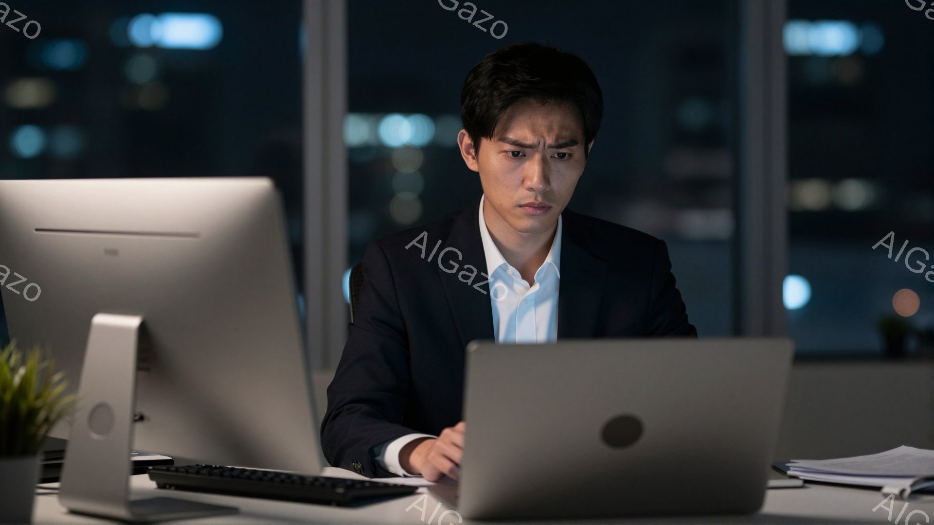 スーツを着た若い男性が、薄暗いオフィスでパソコンに向かっている。彼は少し眉間にしわを寄せ、真剣な表情で画面を見つめ、片手にペンを持っている。背景には夜景が広がり、室内はデスクライトのみで照らされており、仕事に集中している雰囲気が漂っている。