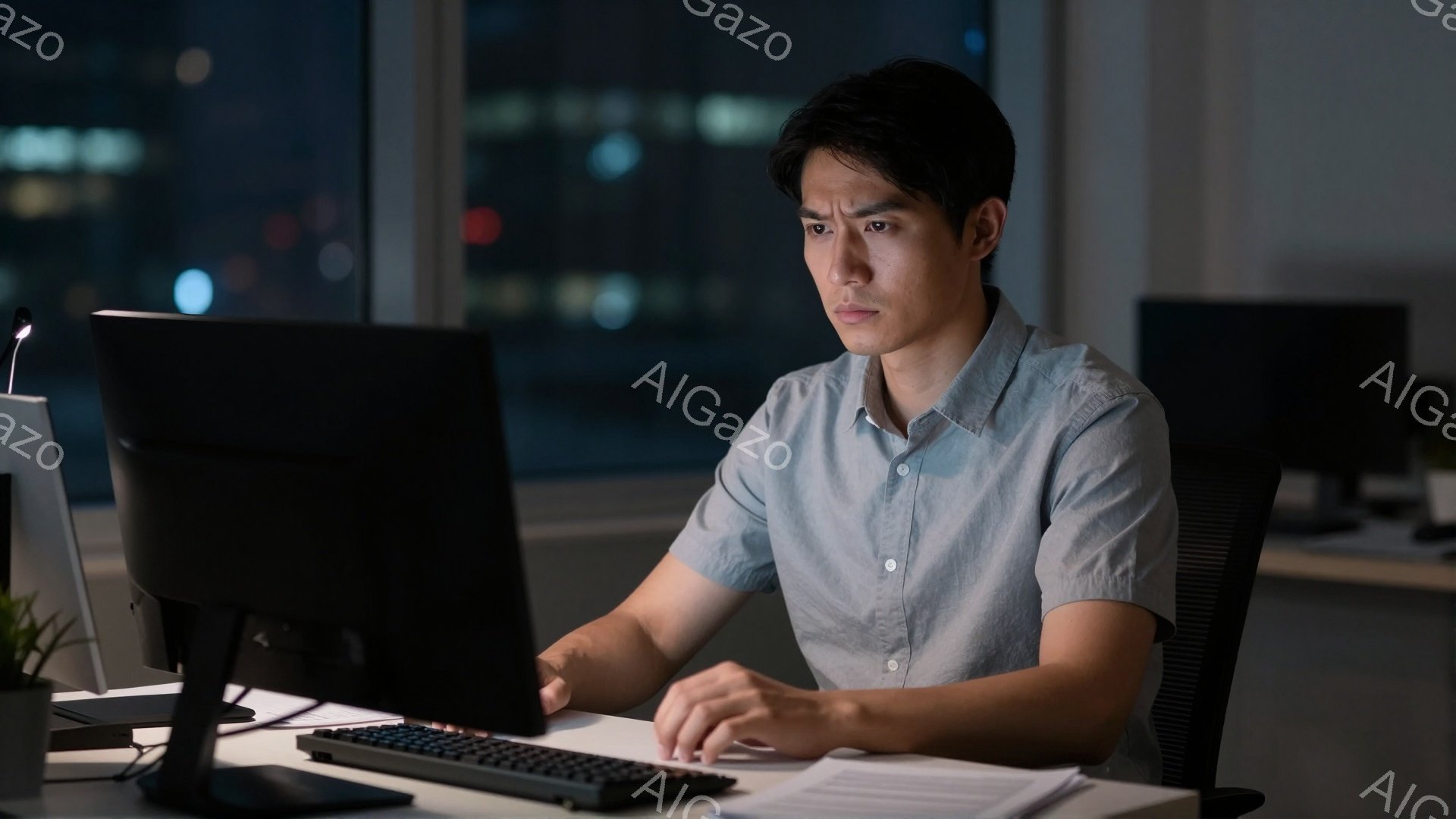 紺色のシャツを着た若い男性が、暗いオフィスでパソコンに向かって作業している。彼は少し緊張した表情でキーボードを叩き、集中して画面を見つめている。背景には夜景が広がり、都会の喧騒とは少し離れた静かな雰囲気が漂っている。