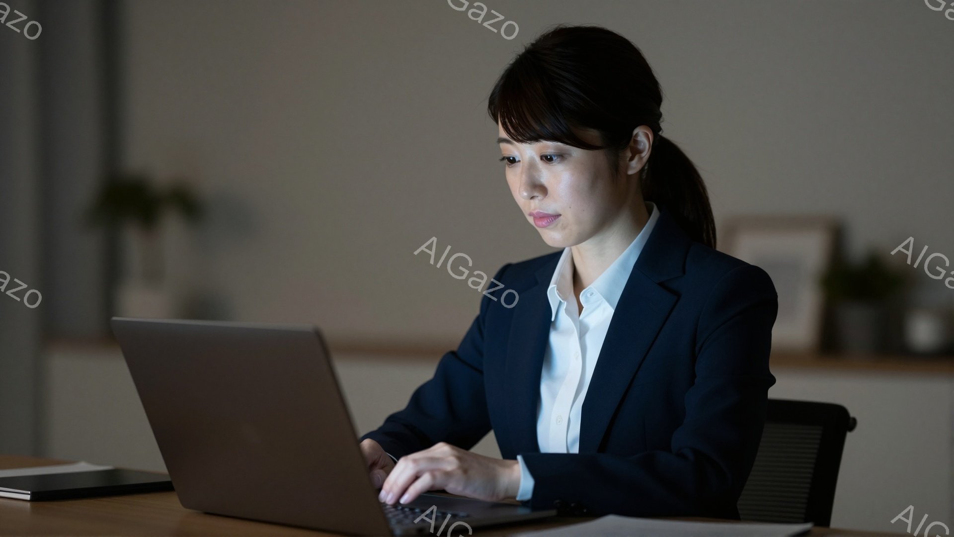 スーツ姿の女性がノートパソコンに向かって何かを入力している。彼女は黒髪を後ろで一つにまとめ、真剣な表情で画面を見つめている。背景は明るい木製のテーブルとオフィスの一角で、落ち着いた雰囲気である。