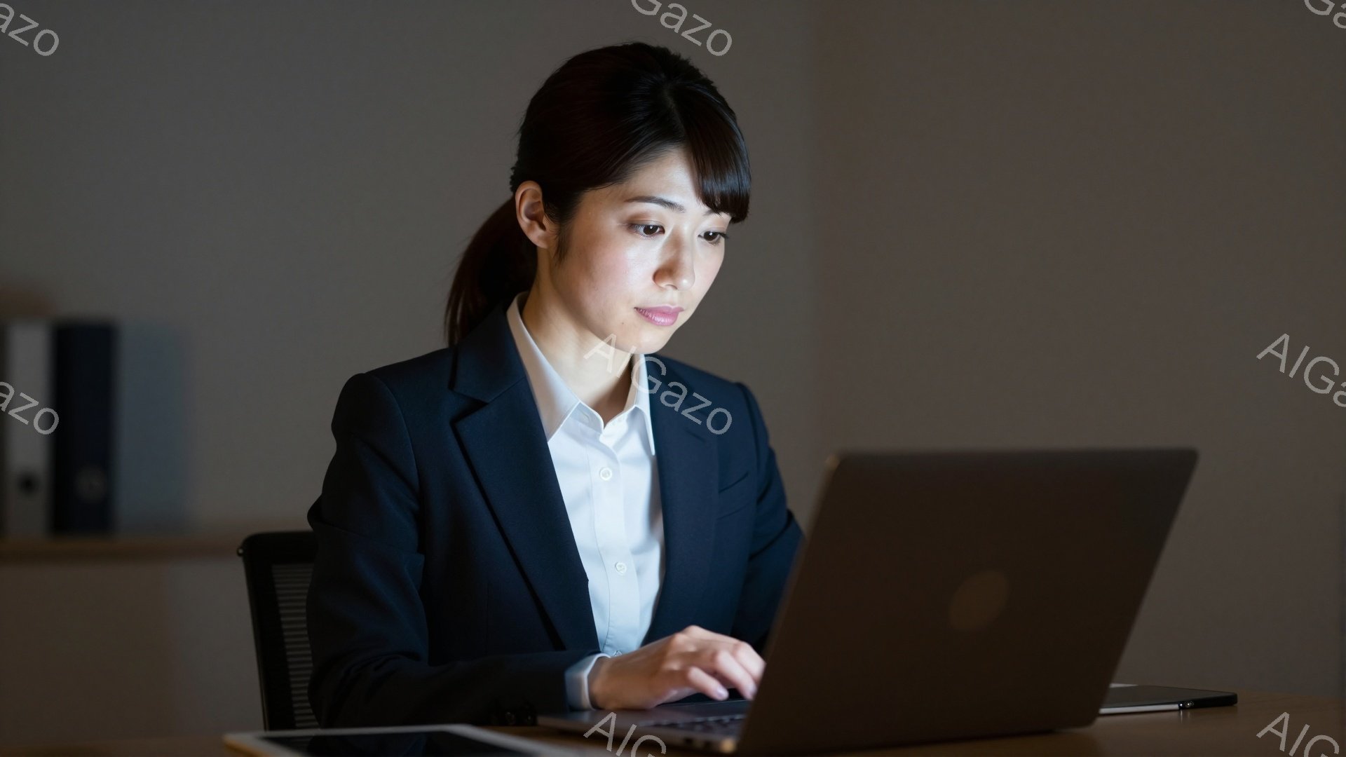 黒いスーツに白いシャツを着た女性が、パソコンに向かって集中してキーボードを操作している。彼女は髪を後ろで一つにまとめ、真剣な表情で画面を見つめている。背景には書類が入ったファイルボックスが見え、室内は落ち着いた雰囲気で、仕事に集中している様子が伝わってくる。