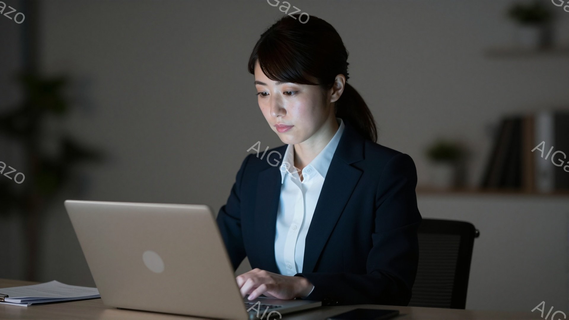 彼女は白いシャツに濃い紺色のジャケットを着て、パソコンに向かっています。髪は後ろで一つにまとめられており、真剣な表情でキーボードを操作しています。背景はオフィスの一部で、木製の棚と椅子が見え、全体的に落ち着いた雰囲気です。