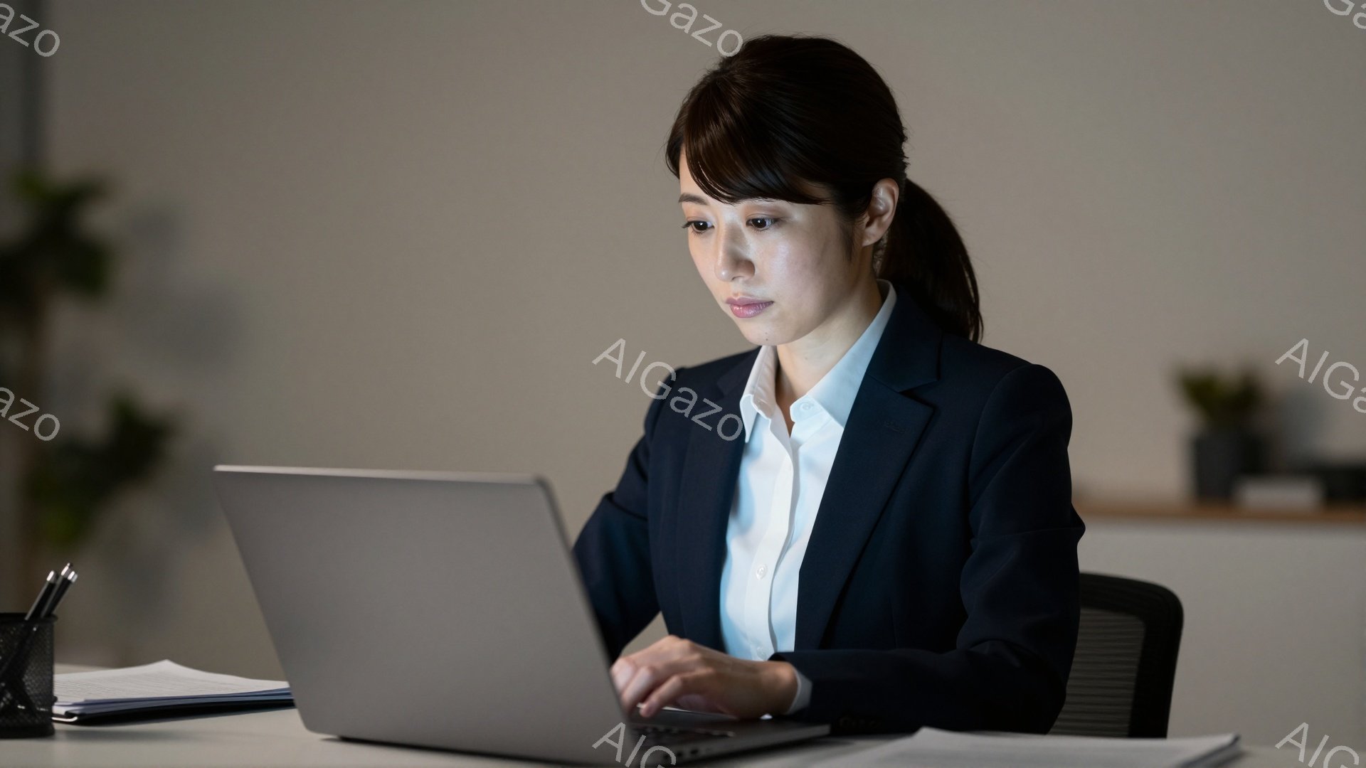 彼女は白いシャツに黒いジャケット姿で、真剣な表情でノートパソコンに向かっている。髪は後ろで一つにまとめられ、集中してキーボードを操作している様子が伺える。背景には観葉植物や書類が見え、オフィスや書斎のような室内で仕事に没頭している雰囲気が漂っている。