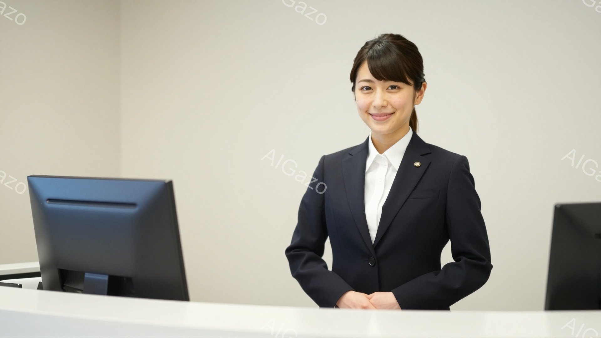 明るい表情の女性が、紺色のスーツに白いシャツ姿で立っている。髪は後ろでまとめており、左耳に小さなアクセサリーをつけている。彼女は受付のようなカウンターの前に立ち、両手を前に組んで微笑んでいる。