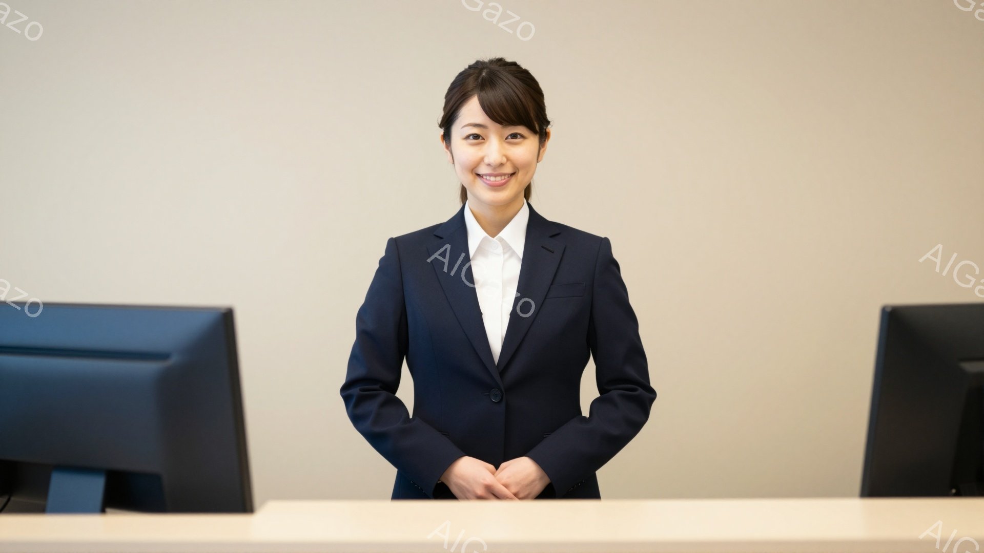黒いスーツに白いシャツを着た女性が、控えめな笑顔で立っています。彼女は両手を前に組み、姿勢は正しく、プロフェッショナルな印象を与えます。背景は明るいベージュ色の壁で、左右にはモニターが配置されており、受付のような場所であると考えられます。