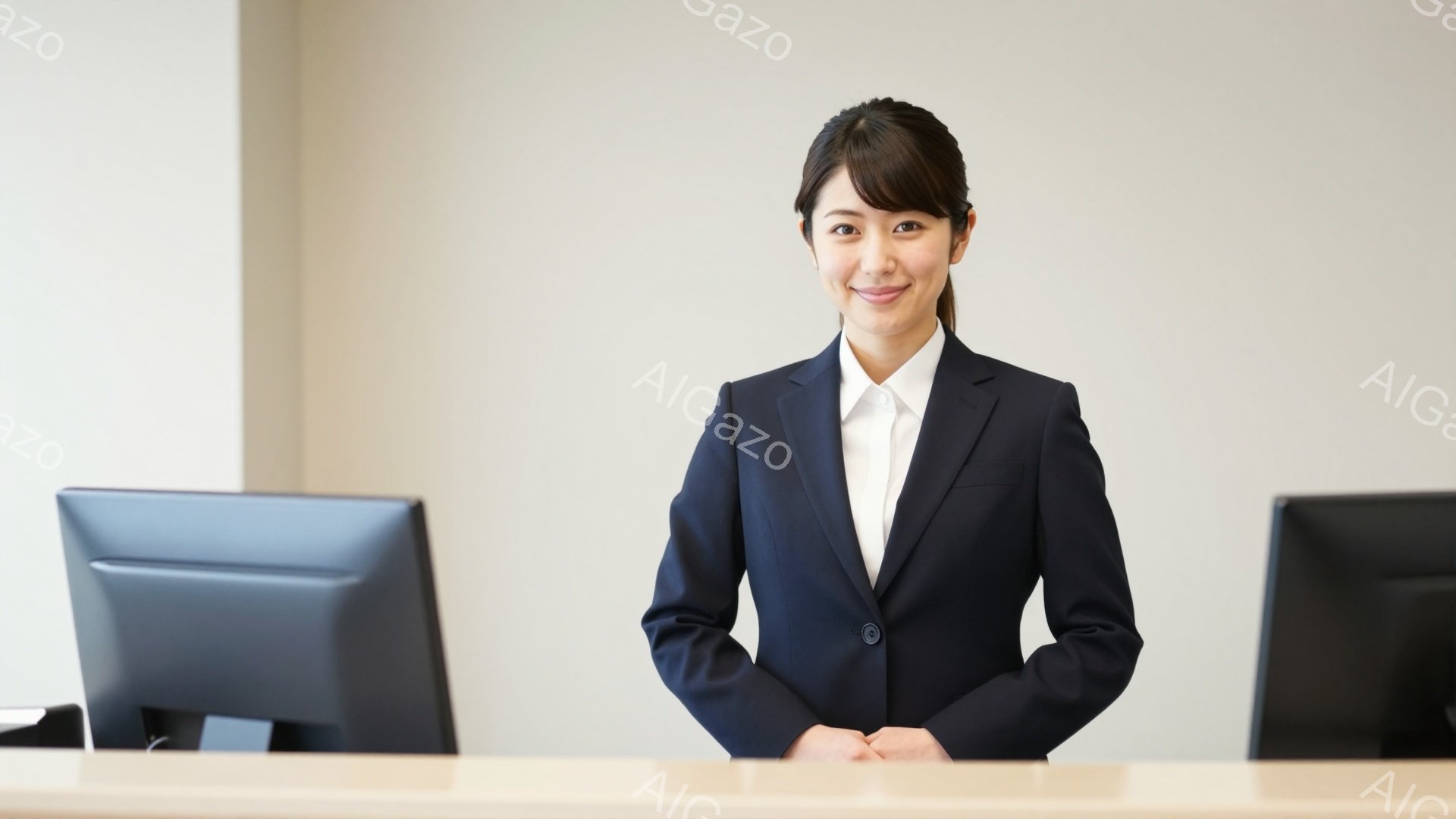 明るい色の壁を背景に、紺色のスーツに身を包んだ女性が立っています。彼女は微笑んでおり、姿勢はまっすぐで自信に満ちています。左右にはコンピューターのモニターが置かれた受付のような場所で、ビジネスシーンを連想させる落ち着いた雰囲気です。