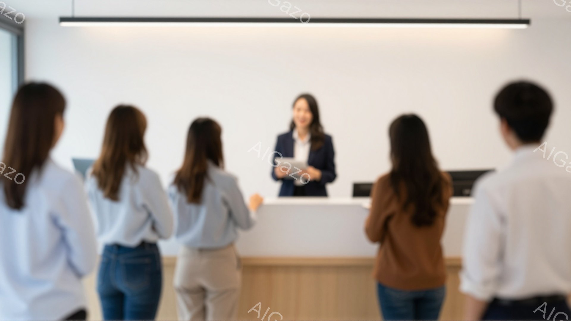 複数の女性と一人の男性が、女性が立っている受付カウンターの方を向いて並んでいます。女性はジャケットを着ており、何か資料を手に持っています。背景は白く、現代的なオフィスのような雰囲気で、明るく清潔感があります。