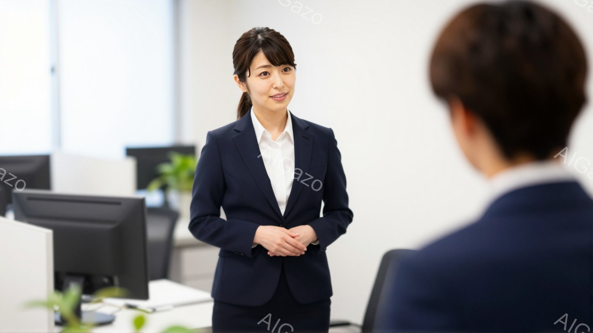 画像は、オフィス内でスーツを着た女性が立っている様子を捉えています。彼女は紺色のスーツに白いブラウスで、髪は肩にかかる長さで内側にカールしています。表情は穏やかで、両手を前に組んで、誰かに話しかけるような姿勢です。