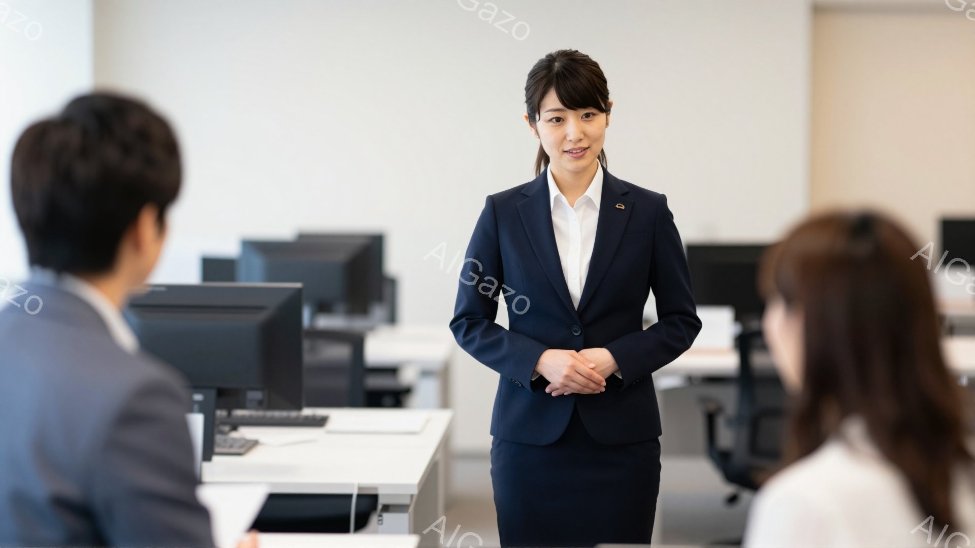 画像には、紺色のスーツを着た女性が写っており、白いブラウスを合わせ、胸元には小さなバッジをつけています。彼女は微笑んでおり、両手を前に組んで落ち着いた姿勢で立っています。背景にはオフィスが広がっており、机の上にはコンピューターや書類が置かれ、他の参加者の後ろ姿が見えます。