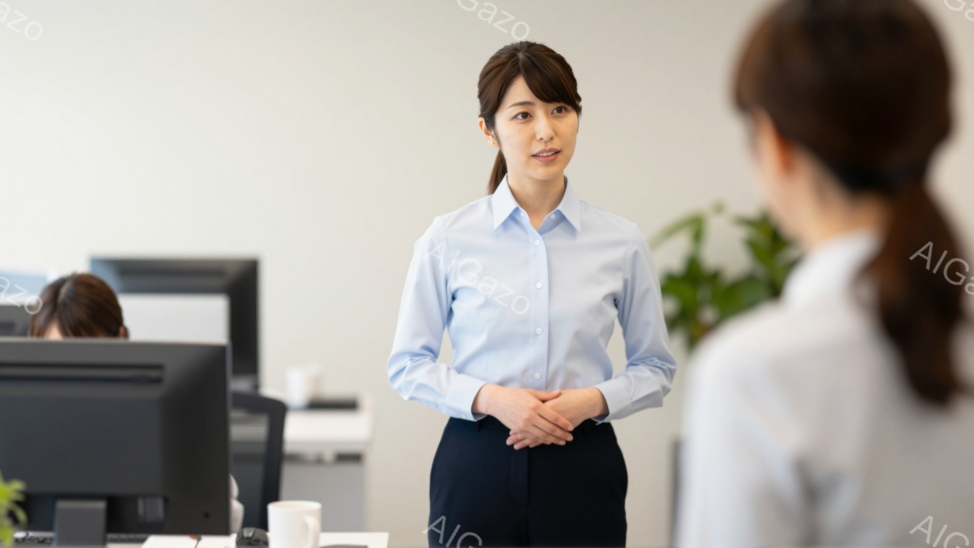 画像には、明るいオフィスで、薄いブルーのシャツと濃い紺色のパンツスーツを着た女性が立っています。彼女は落ち着いた表情で、両手を前に組んで立っており、自信とプロフェッショナリズムを感じさせます。背景には、他のオフィスワーカーとデスクトップコンピュータが見え、全体的に清潔で現代的な雰囲気が漂っています。