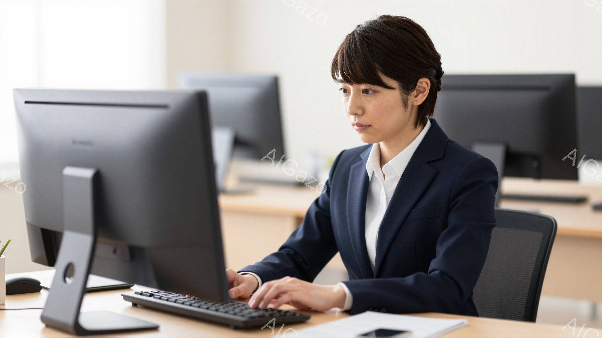 この女性は紺色のスーツに白いシャツを着て、オフィスでパソコンに向かっています。彼女は真剣な表情でキーボードを叩き、集中して作業に取り組んでいる様子がうかがえます。背景には他のパソコンが並び、オフィス内の明るく清潔な雰囲気が伝わってきます。