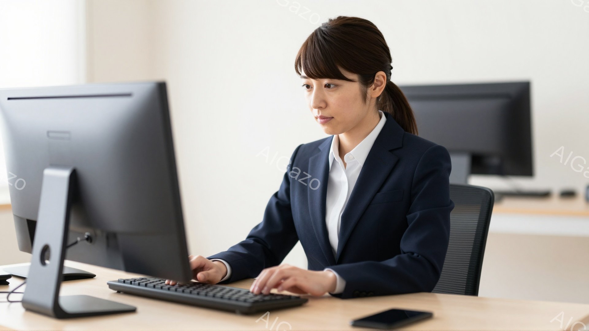 スーツを着た女性がパソコンに向かってキーボードを操作している。彼女は黒髪を後ろでまとめたヘアスタイルで、真剣な表情で画面を見つめている。背景は明るいオフィスで、簡潔な木製の机と他のコンピュータがわずかに見える。
