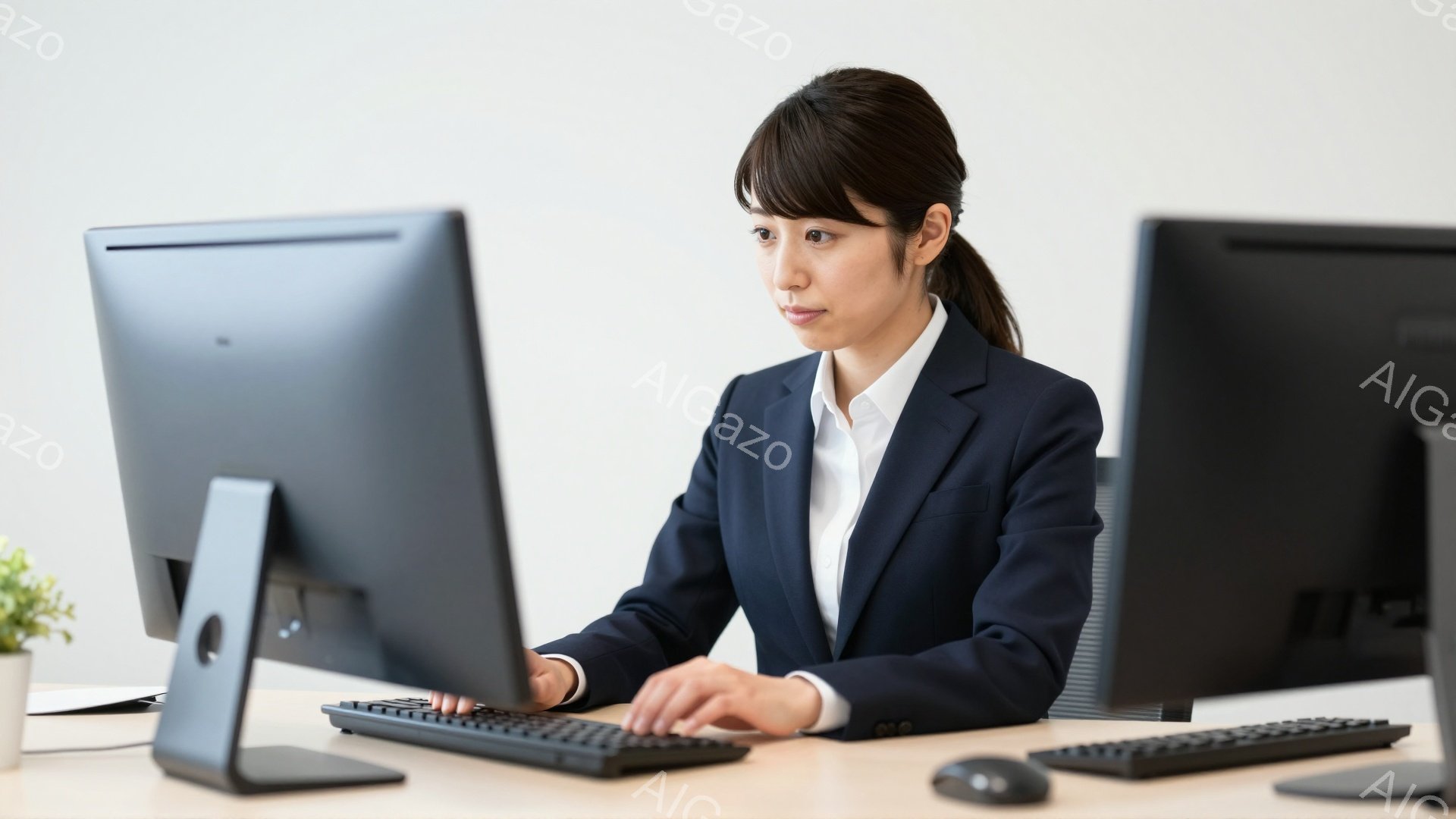 一人の女性がパソコンに向かってキーボードを操作している。彼女は白いシャツに濃い青のジャケットを着ており、髪は後ろで一つに結んでいる。集中した表情で、オフィス環境で仕事をしている様子がうかがえる。