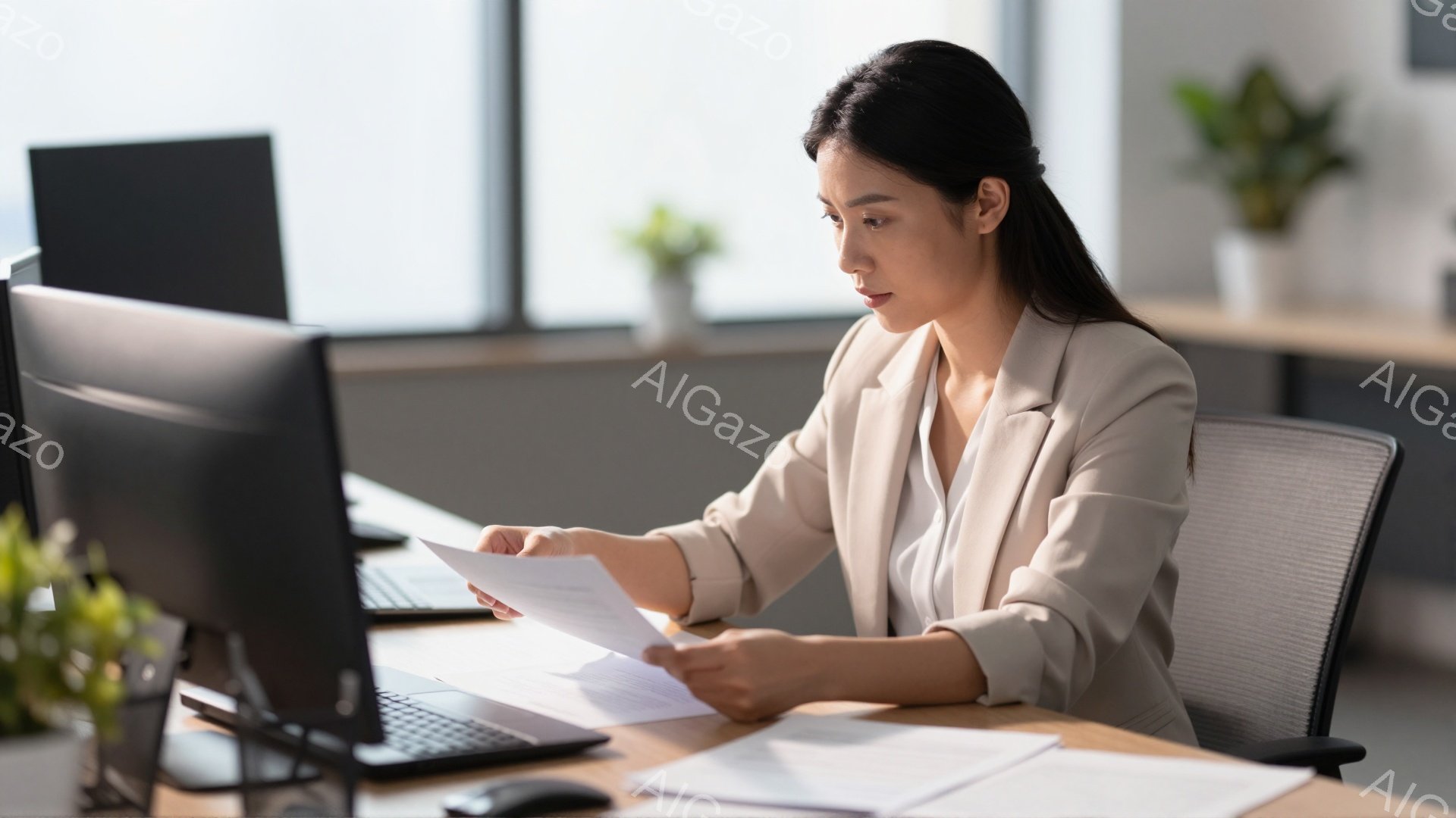 女性は、ベージュのジャケットと白いシャツを着て、オフィスで書類を読んでいます。彼女は椅子に座り、パソコンの前にいて、集中した表情で書類を手に持っています。背景には、自然光が入る窓と植物があり、モダンで明るい雰囲気です。