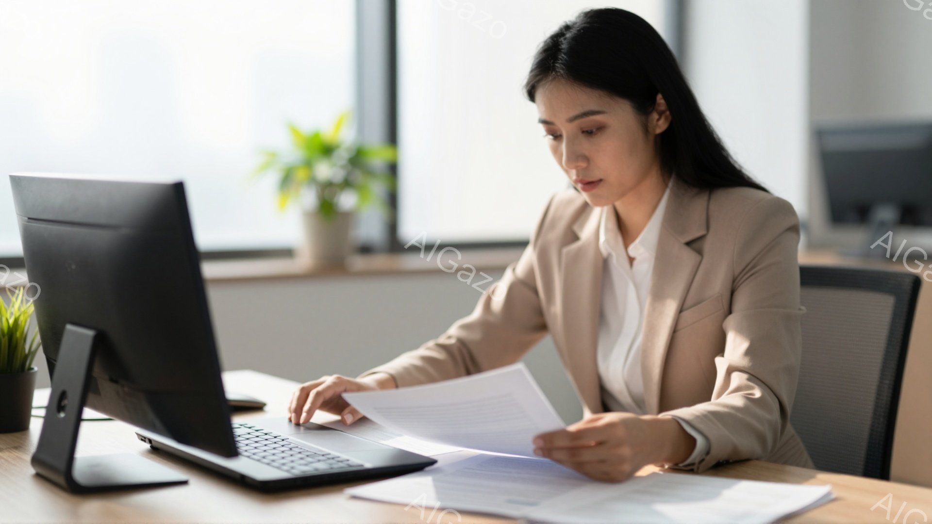 スーツを着た女性がオフィスで書類を手に取って確認しています。彼女は黒髪で、真剣な表情をしており、デスクに向かって少し前かがみの姿勢をとっています。背景には窓があり、自然光が差し込み、オフィス内に植物が置かれています。