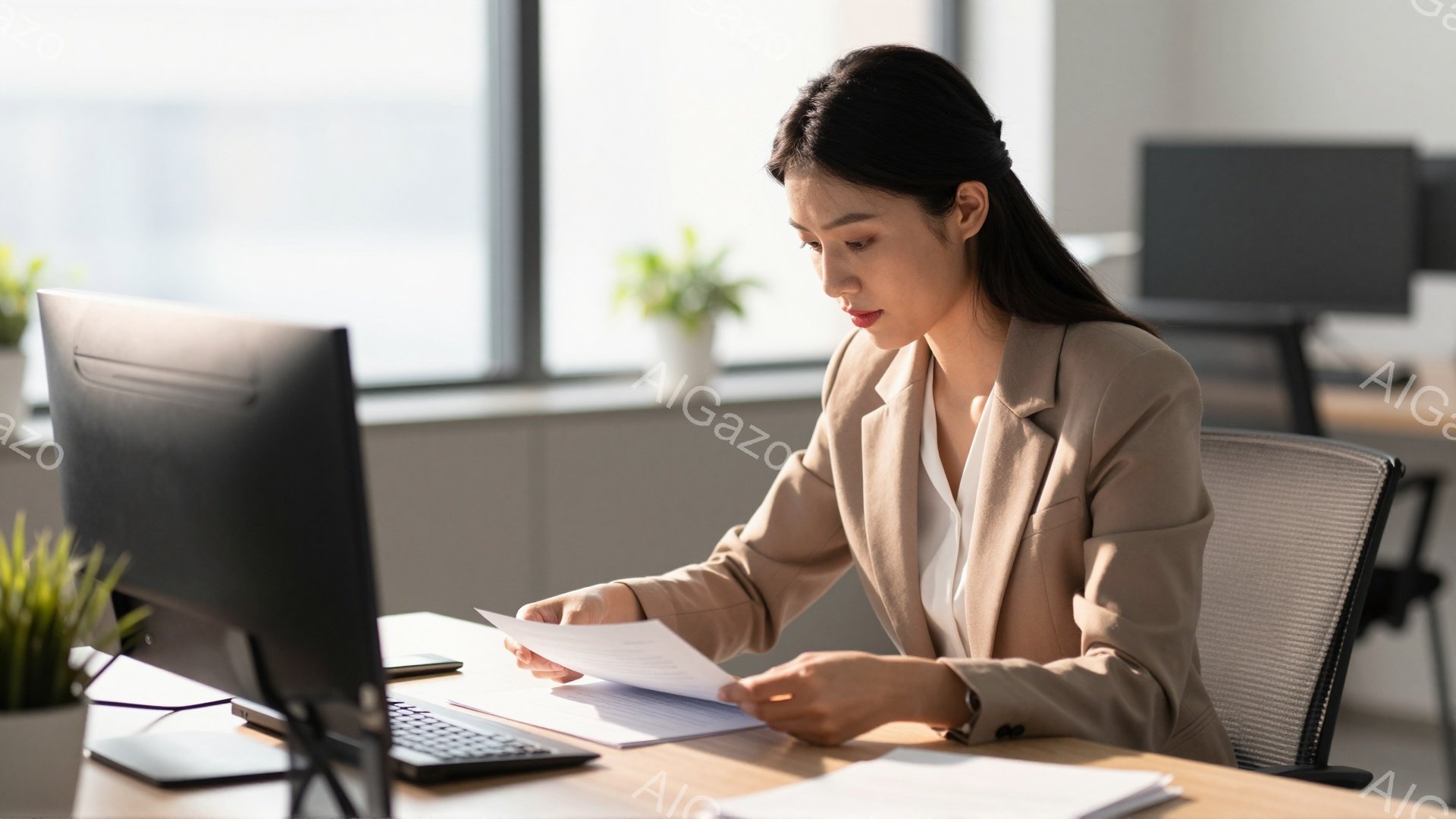 明るいオフィスで、ベージュのスーツを着た女性が書類を手にしています。彼女は黒髪を後ろにまとめ、真剣な表情で書類を読んでいます。背景には窓があり、自然光が差し込み、オフィス内の植物が緑を添えています。