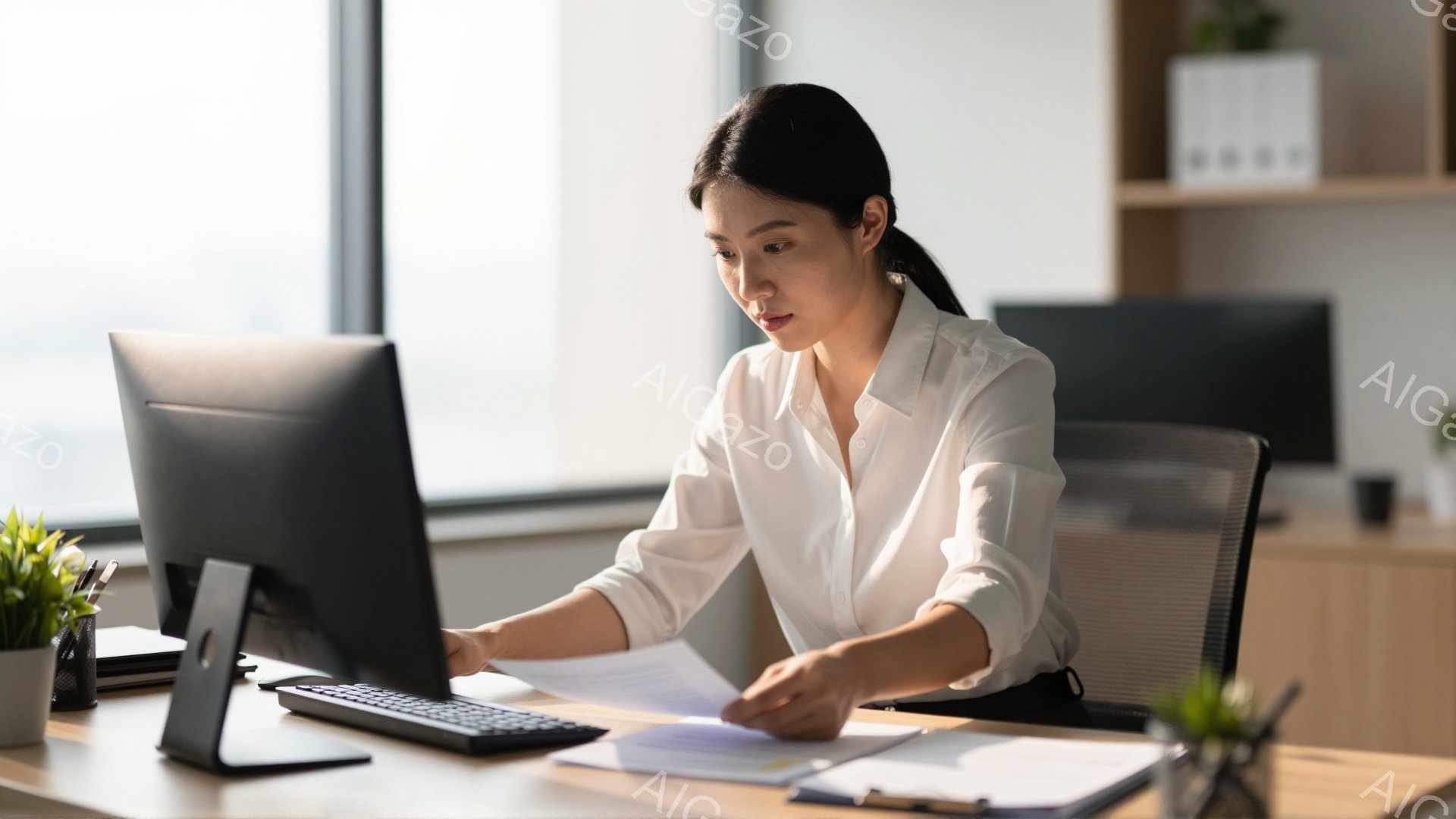 白いブラウスを着た女性が、オフィスで書類に目を通している。彼女は椅子に座って前かがみになり、集中した表情で書類とキーボードを行き来している。背景には白い棚と窓があり、外は明るく晴天で、近代的なオフィスビルが見える。