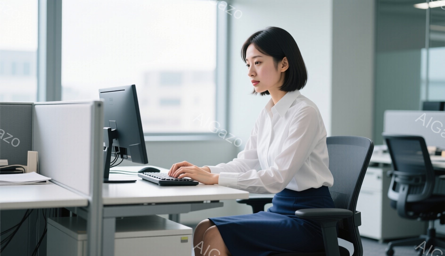 女性はオフィスでコンピューターに向かってタイピングしている。白いシャツと紺色のスカートを着用し、ショートヘアで、真剣な表情で作業に集中している。背景にはオフィス内のデスクや、窓から見える都会の風景が見え、全体的に落ち着いた雰囲気である。