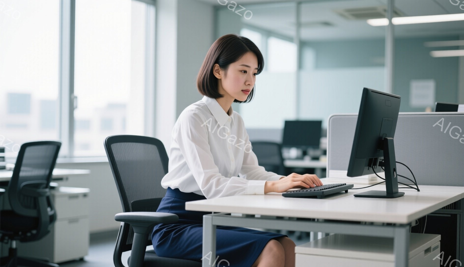 白いブラウスと紺色の膝丈スカートを着用した女性が、オフィスでパソコンに向かって作業をしている様子が写っている。彼女は黒髪のショートボブで、やや真剣な表情でキーボードを操作しており、姿勢は背筋が伸びている。背景には他のオフィス家具や白い壁が見え、窓からはぼんやりと都市の風景がうかがえ、全体的に清潔感のある落ち着いた雰囲気である。