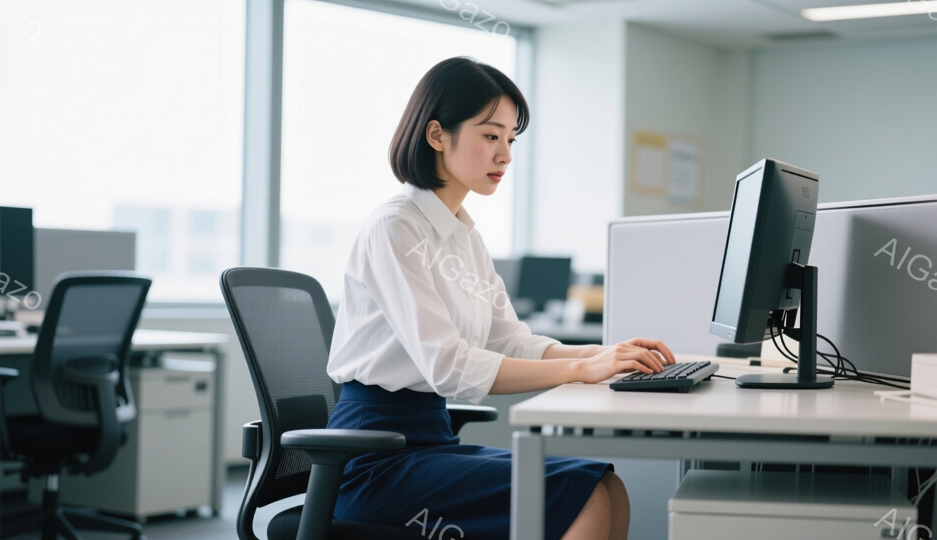 白いブラウスと濃い青のスカートを着用した女性が、オフィスでパソコンに向かってキーボードを操作している。彼女は椅子に座り、やや前かがみの姿勢で集中して作業に取り組んでいるように見える。背景にはオフィス内の他のデスクと、窓の外の都市の景色がぼんやりと見え、全体的に落ち着いた雰囲気である。
