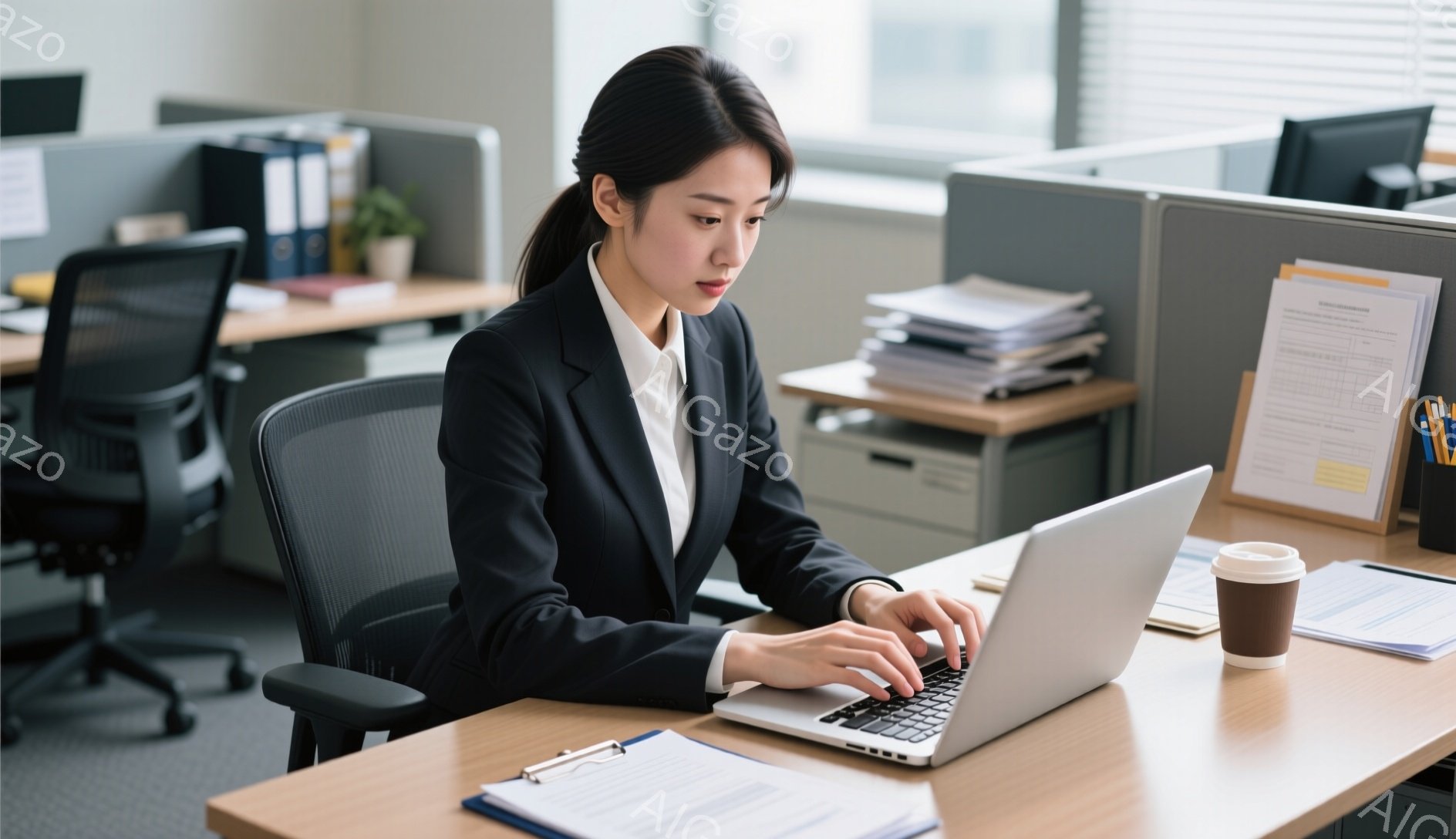 スーツを着た女性がオフィスでノートパソコンを操作している。彼女は髪を後ろでまとめ、集中した表情でキーボードを見つめている。背景には他のデスクや書類の山が見え、明るく整然としたオフィス環境が感じられる。 - AI生成フリー素材