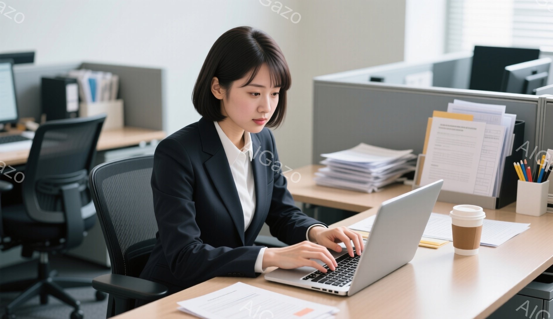 一人の女性がオフィスでノートパソコンに向かっています。彼女は黒いスーツを着ており、前髪を下ろしたショートヘアです。集中した表情でタイピングをしており、周囲には書類の山やコーヒーカップが置かれています。