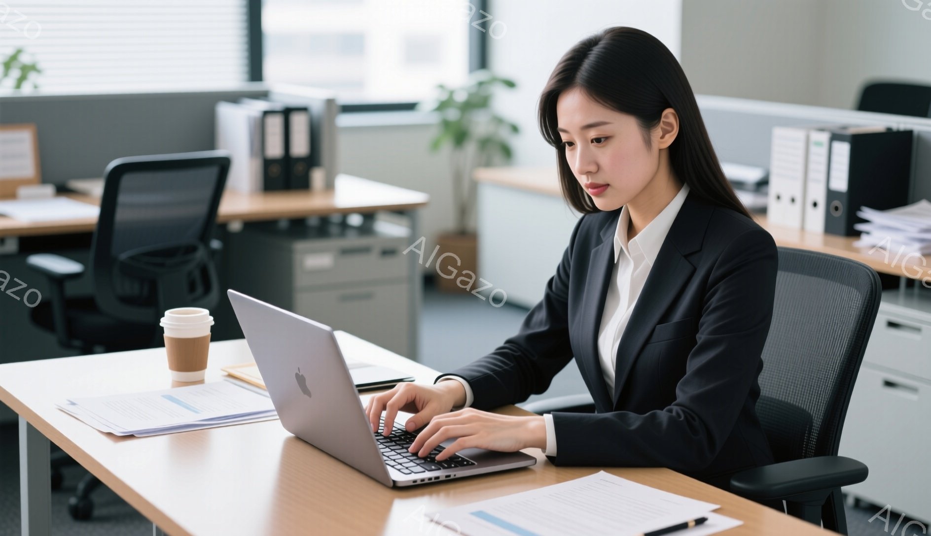 黒いスーツに白いシャツを着た女性が、オフィスでノートパソコンを操作している。彼女は真剣な表情でキーボードを見つめ、姿勢は背筋が伸びており、集中している様子が伺える。背景には木製のデスクや書類、他のオフィス機器が見え、全体的に落ち着いた雰囲気である。