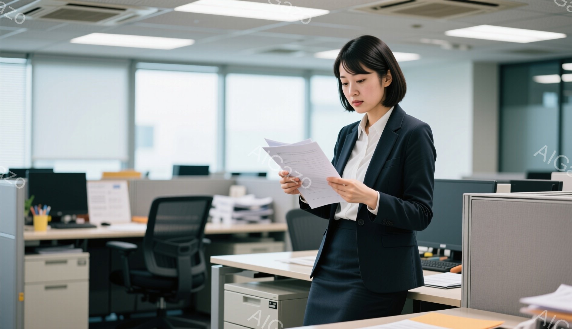 紺色のスーツに身を包んだ女性が、オフィスで書類を手にしている。彼女は黒髪のショートヘアで、真剣な表情で書類を見下ろしている。背景には、白を基調としたオフィス家具とパソコンが並び、全体的に落ち着いた雰囲気である。