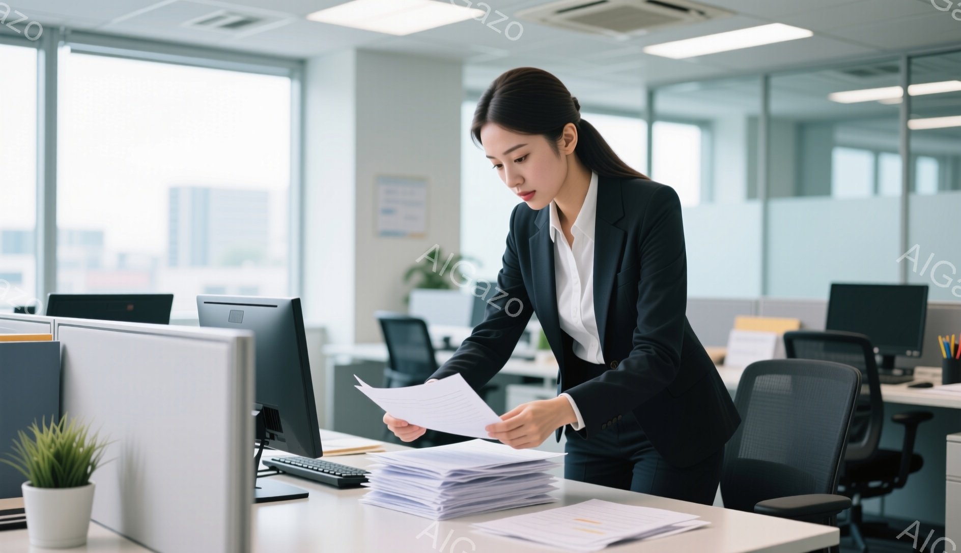 女性は黒いスーツに白いシャツを着ており、オフィスで書類の山を調べています。彼女は前かがみになり、集中した表情で書類を手に持っています。背景には他のデスクやオフィス機器が見え、明るい室内で仕事をしている - AI生成フリー素材