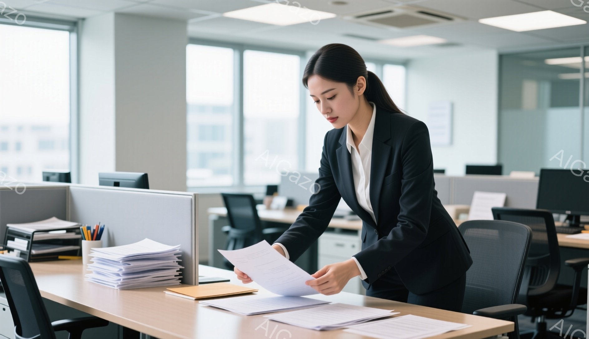 オフィスで女性が書類を手に取って確認している様子が写っている。彼女は黒いスーツと白いシャツを着ており、髪は後ろでまとめられている。背景はオフィス内の他のデスクと、窓から見える明るい光で、全体的に仕事に - AI生成フリー素材