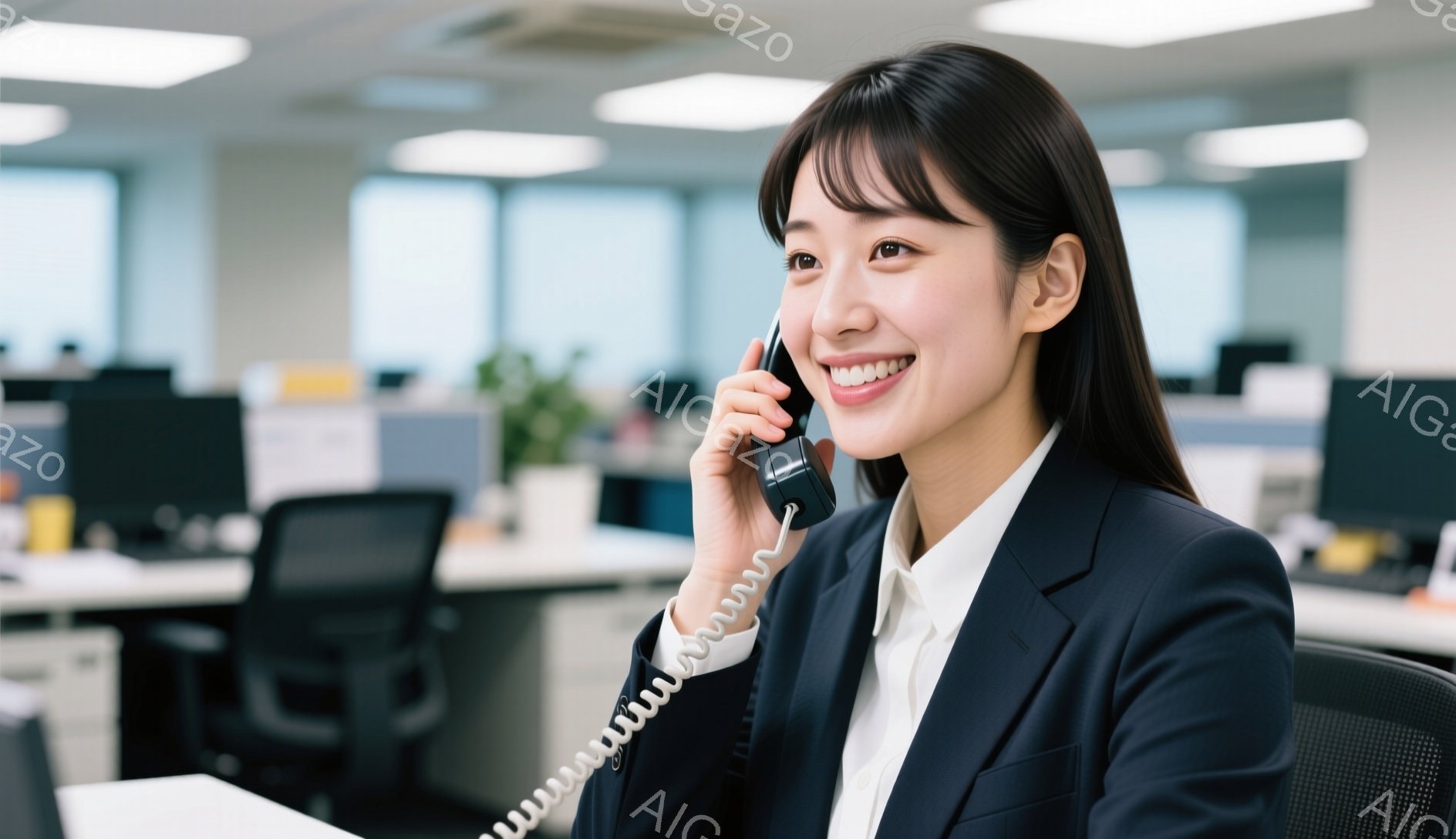 画像には、オフィスで電話をしている若い女性が写っています。彼女は黒いスーツに白いシャツを着ており、笑顔で電話口に話しています。背景にはオフィス内の他のデスクや同僚らしき人影が見え、明るく清潔な雰囲気です。