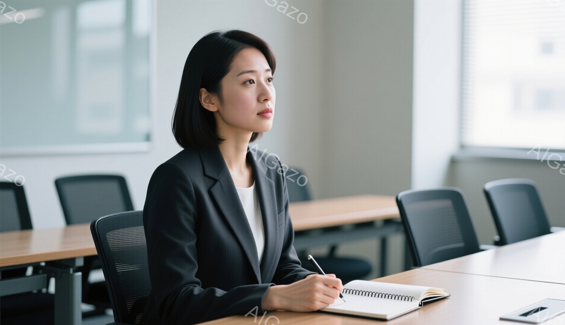 黒いスーツを着た女性が、白いノートにペンで何か書き込んでいる。彼女は少し考え込んでいるような表情で、教室のような空間で、他の椅子と机が並んでいる。全体的に、集中して学習や仕事に取り組む、落ち着いた雰囲気である。