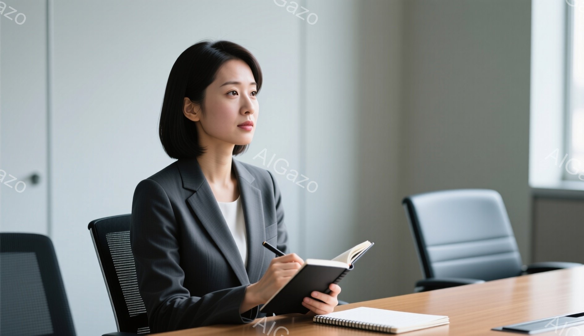 黒いスーツに白いブラウスを着た女性が、木のテーブルに座ってノートに何かを書き込んでいる。彼女は黒髪のショートヘアで、少し考え込んでいるような表情をしている。背景には明るい光が入る窓と、他の椅子が見え、静かで落ち着いた雰囲気である。