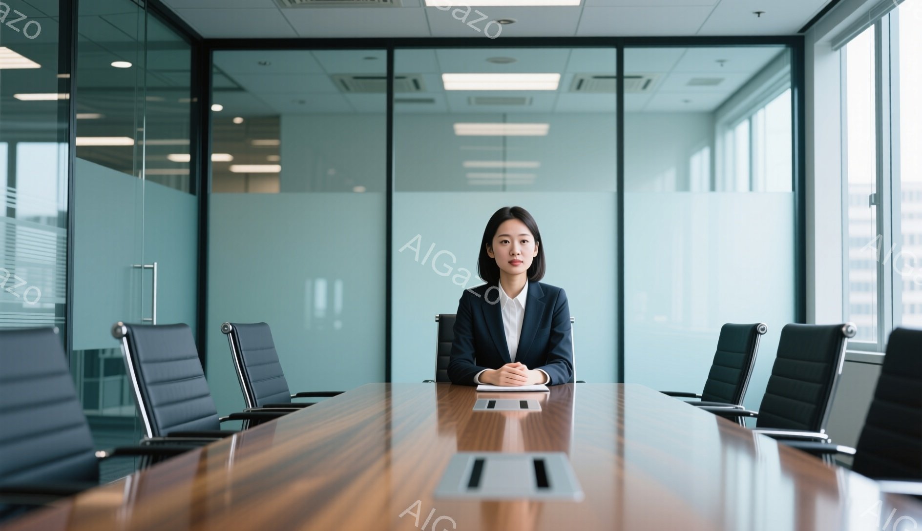 明るい室内で、黒髪を後ろにまとめた女性が紺色のスーツを着て、木の長いテーブルに座っています。彼女は落ち着いた表情で、何かをメモしているかのように手をテーブルの上に置いています。背景はガラス張りの壁で、オフィス内部が見え、全体的に清潔感があり、プロフェッショナルな雰囲気が漂っています。
