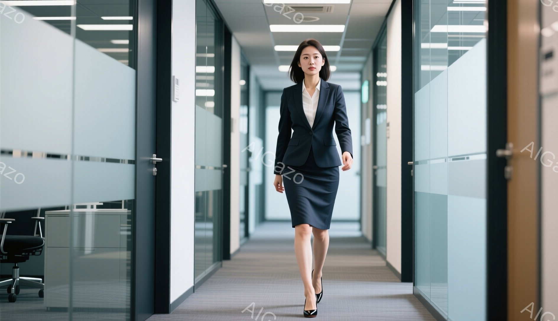 画像には、紺色のスーツと白いシャツを着た女性が、オフィス内の廊下を正面に向かって歩いている姿が描かれています。彼女はストレートヘアで、落ち着いた表情をしており、黒いハイヒールを履いています。背景はガラス張りのオフィスで、明るい照明とシンプルなデザインが現代的な雰囲気を醸し出しています。