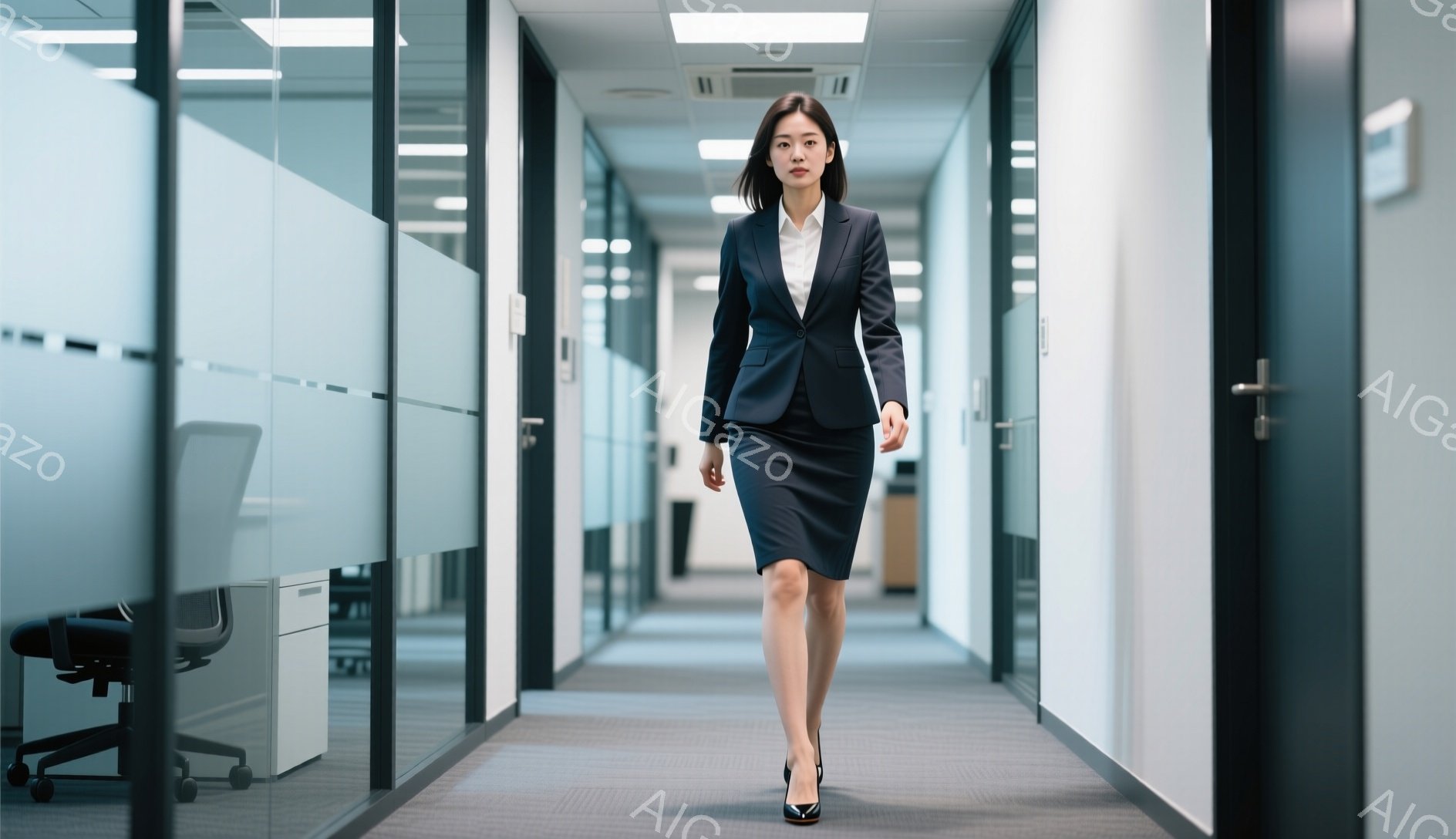 スーツ姿の女性が、オフィス内の廊下を正面に向かって歩いている。黒いジャケットと膝丈のスカート、白いシャツを身に着け、黒いパンプスを履いている。表情は真剣で、姿勢は軽く前傾しているが、自信に満ち溢れている印象を与える。