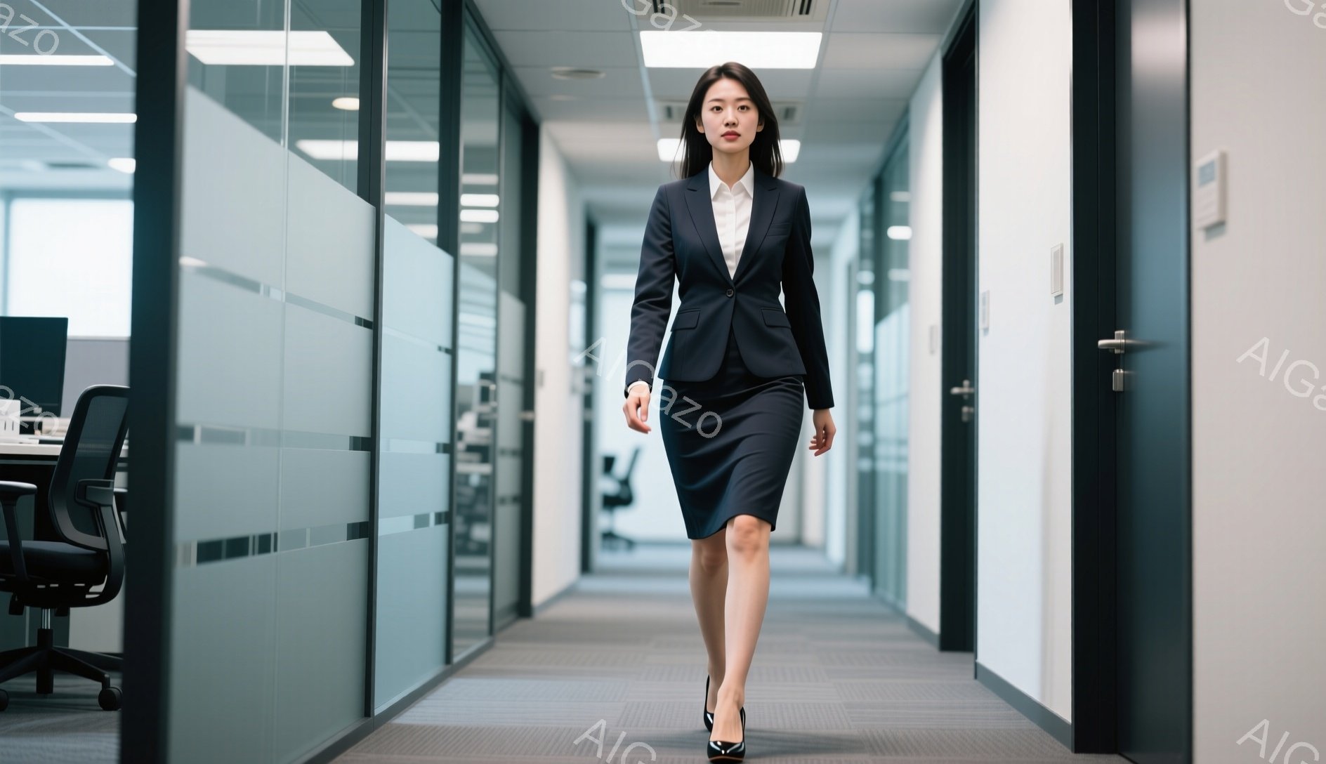 黒いスーツに白いシャツを着た女性が、明るいオフィス内の廊下をまっすぐ歩いている。彼女は髪を後ろにまとめ、表情は落ち着いており、自信に満ち溢れているように見える。廊下の両側にはオフィススペースがあり、ガラスの仕切りで区切られている。