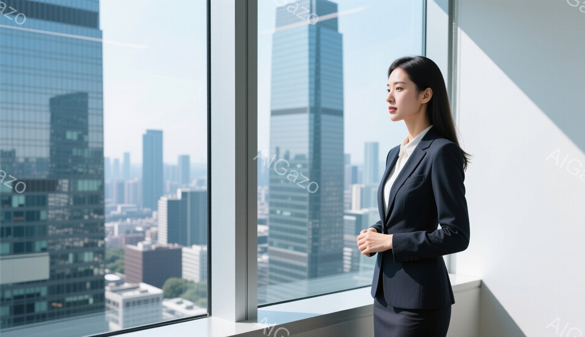 黒いスーツを着た女性が、高層ビルの窓辺に立っている。彼女は髪を後ろにまとめ、少し顔を上げて遠くを見つめている様子で、表情は冷静で落ち着いている。背景には高層ビル群が広がり、晴れた空の下、都市の景観が広がっている。