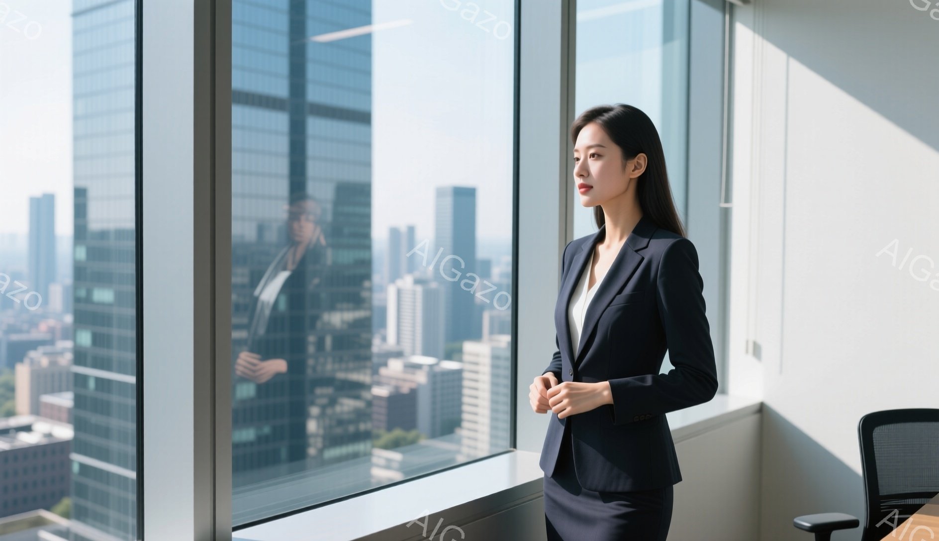 黒いスーツを着た女性が、高層ビルの窓辺に立っている。彼女は少し顔を傾け、遠くを見つめている。背景には高層ビル群が広がり、晴天の下、都会の風景が広がっている。