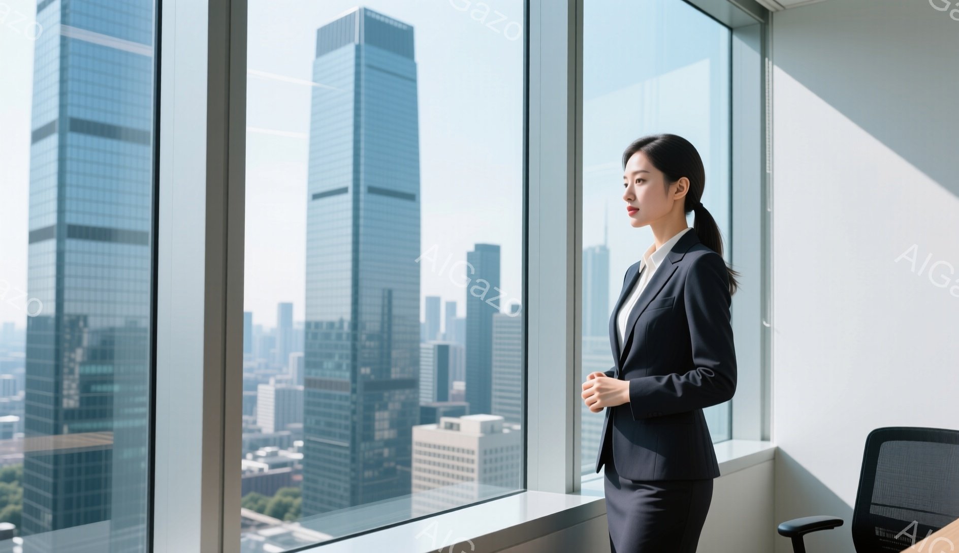 スーツを着た女性が、高層ビルの窓辺に立って遠くを見つめている。彼女は黒いジャケットとスカートを着用し、髪は後ろでまとめており、表情は冷静で思慮深い。窓の外には高層ビル群が広がり、晴天で穏やかな都市の風景が広がっている。
