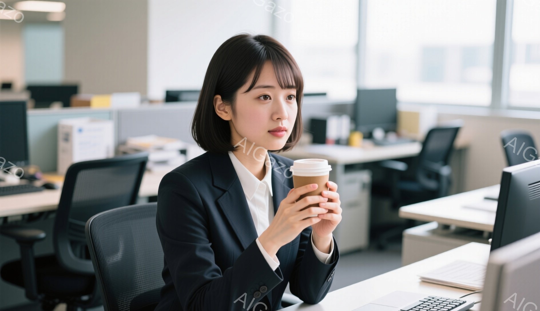 黒髪のショートヘアの女性が、白いシャツと黒いジャケットを着て、紙コップを持って微笑んでいます。彼女はオフィスでデスクに座っており、やや考え込んでいるような表情をしています。背景には他のデスクとオフィス環境が見え、明るく清潔な雰囲気です。