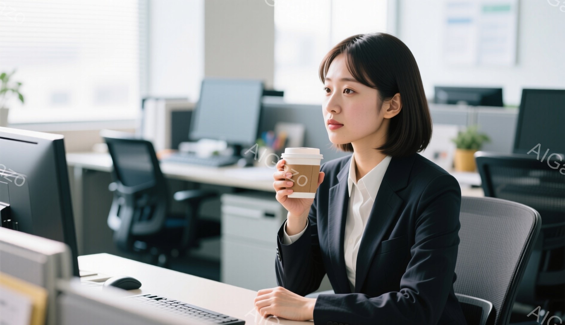 彼女はオフィスで椅子に座り、片手に紙コップを持っています。黒いジャケットと白いシャツを着ており、髪は短くストレートです。背景には他のデスクとコンピューターがあり、モダンなオフィス環境を示唆しています。