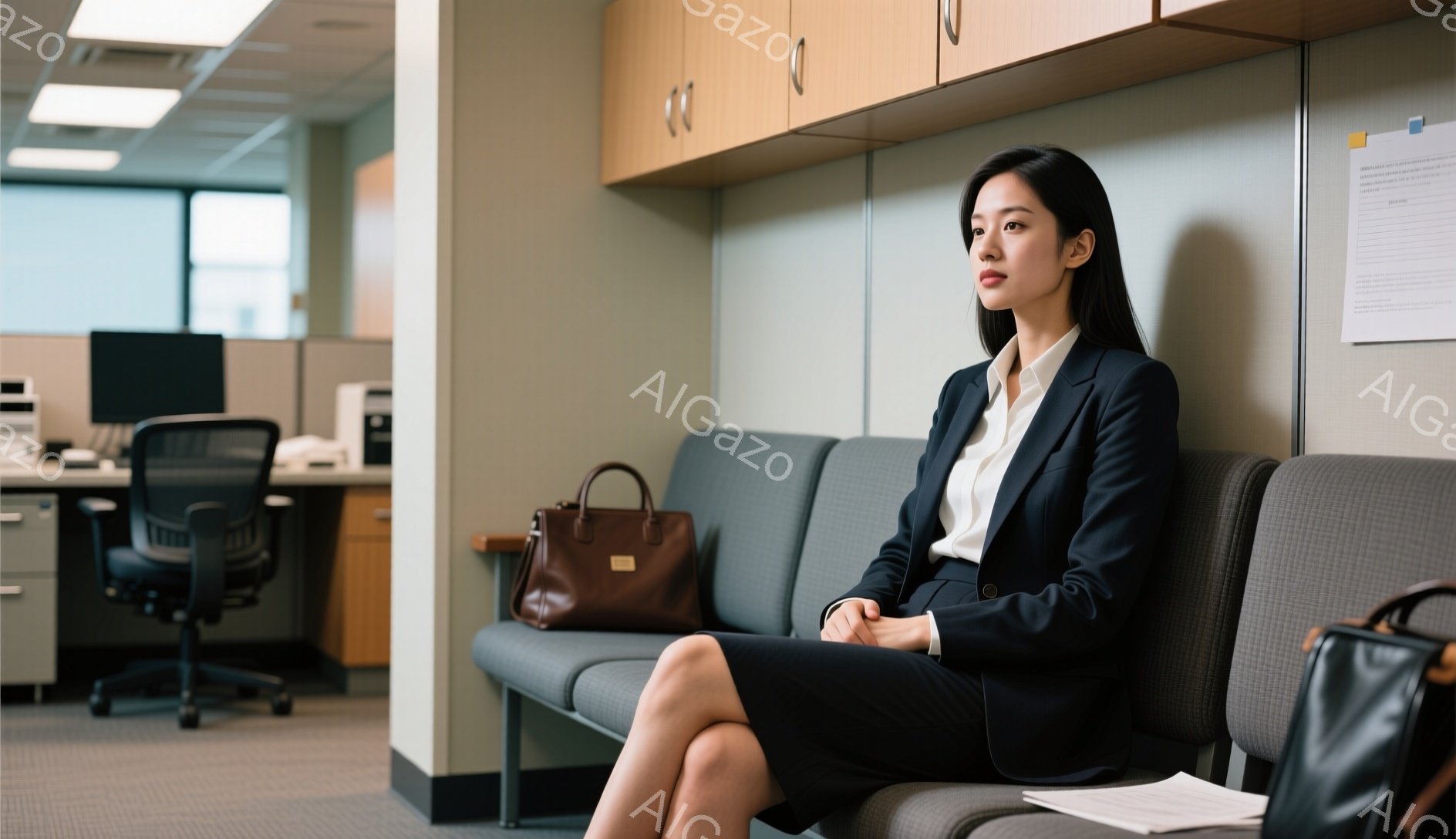 画像には、オフィスらしき場所で、紺色のスーツに白いブラウスを着た女性が座っています。彼女は少し憂いのある表情で遠くを見つめ、片方の手で膝の上を撫でています。背景にはオフィス家具や他の人が見え、全体的に静かで落ち着いた雰囲気が漂っています。