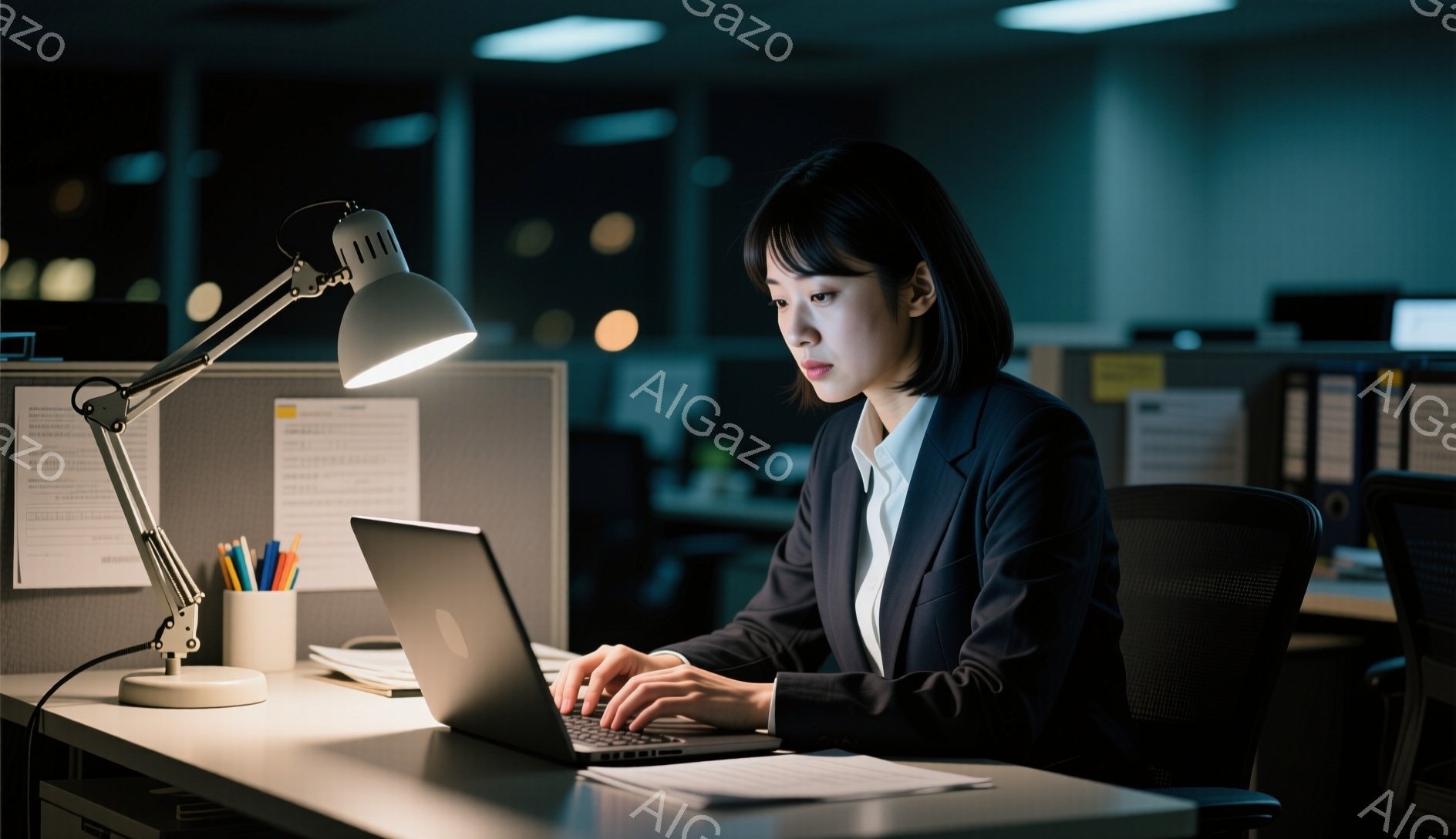 女性はオフィスで、黒いジャケットと白いシャツを着て、真剣な表情でノートパソコンのキーボードを叩いています。彼女は短い黒髪で、集中して作業に取り組む姿勢をしています。背景には、オフィス内の他のデスクとパーティションが見え、全体的に夜遅く働く、静かで集中した雰囲気が漂っています。