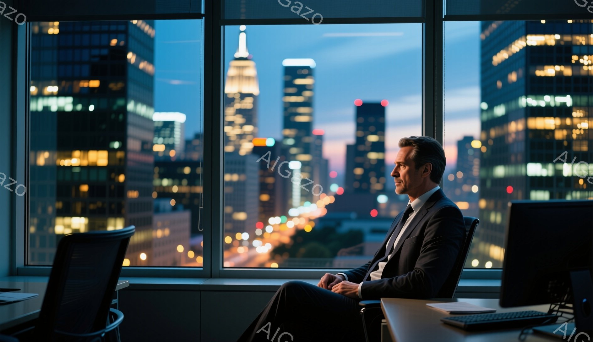 ビジネスマンが窓際の椅子に座り、街を見下ろしている。彼は濃い色のスーツとネクタイを着用し、短髪で、どこか物憂げな表情をしている。背景には夜景が広がり、高層ビル群が光り輝いている。 - AI生成フリー素材