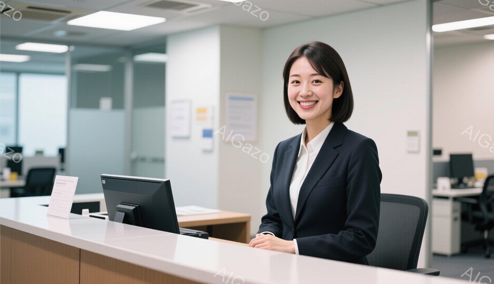 女性は黒いスーツに白いシャツを着て、笑顔でカメラを見ています。彼女は受付のようなカウンターに座っており、両手は軽く重ねて落ち着いた姿勢です。背景にはオフィスがあり、デスクや椅子が見え、全体的に清潔でプロフェッショナルな雰囲気です。