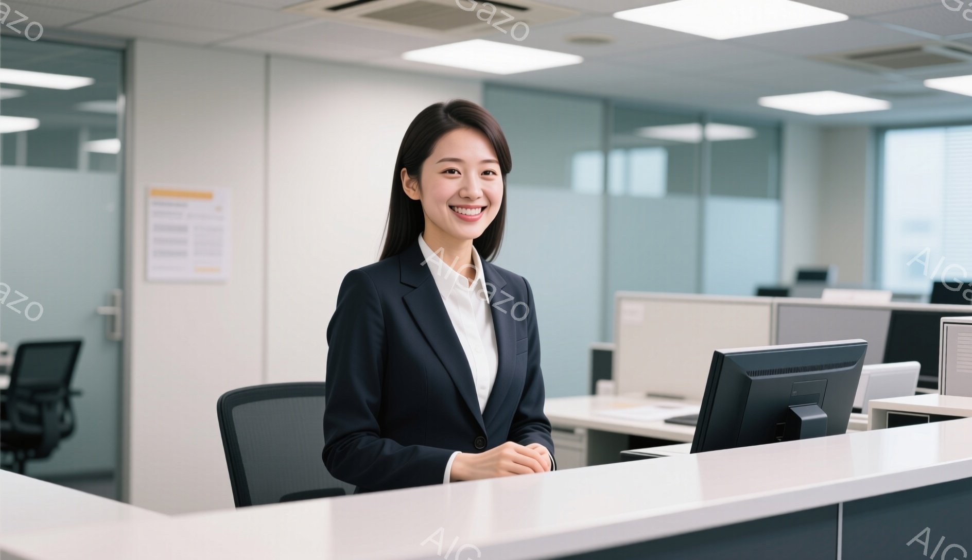 明るい笑顔の若い女性が、オフィス内の受付カウンターに座っています。黒いスーツに白いシャツを着ており、髪は後ろでまとめています。背景には、他の受付カウンターとオフィス空間がぼやけて見え、清潔で明るい雰囲 - AI生成フリー素材