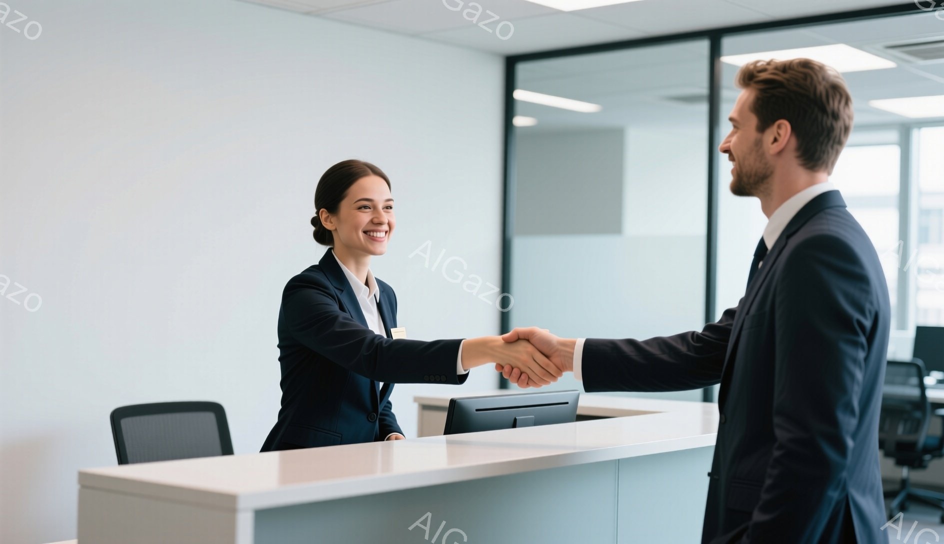 この画像には、受付カウンター越しに握手を交わす女性と男性が写っています。女性は黒いスーツに身を包み、髪は後ろにまとめており、笑顔で相手を見つめています。男性はダークスーツを着ており、少し横を向きながら握手に応じており、オフィスのような明るい背景が広がっています。