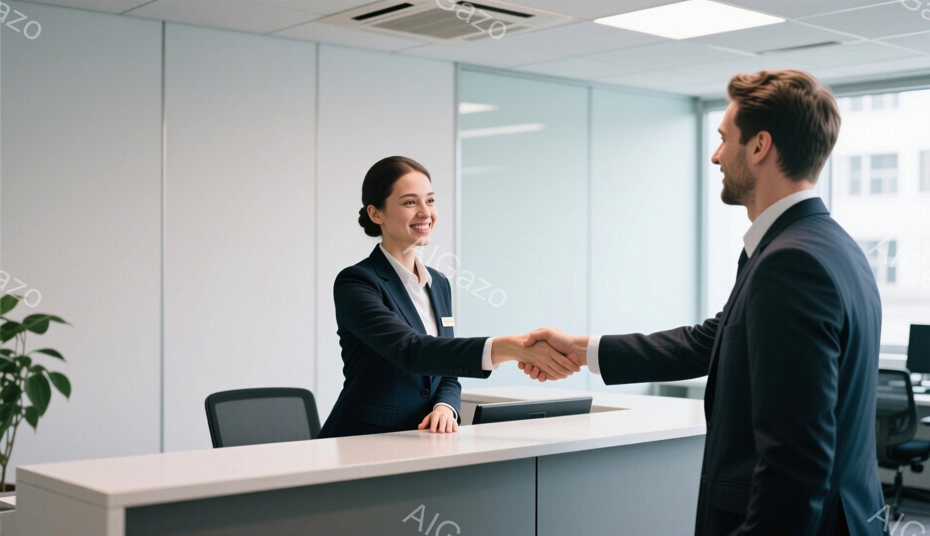 レセプションカウンターで、女性と男性が握手をしている様子が写っています。女性は黒いスーツに白いブラウスを着ており、髪は後ろにまとめています。笑顔で相手と向き合い、丁寧な印象を与えます。