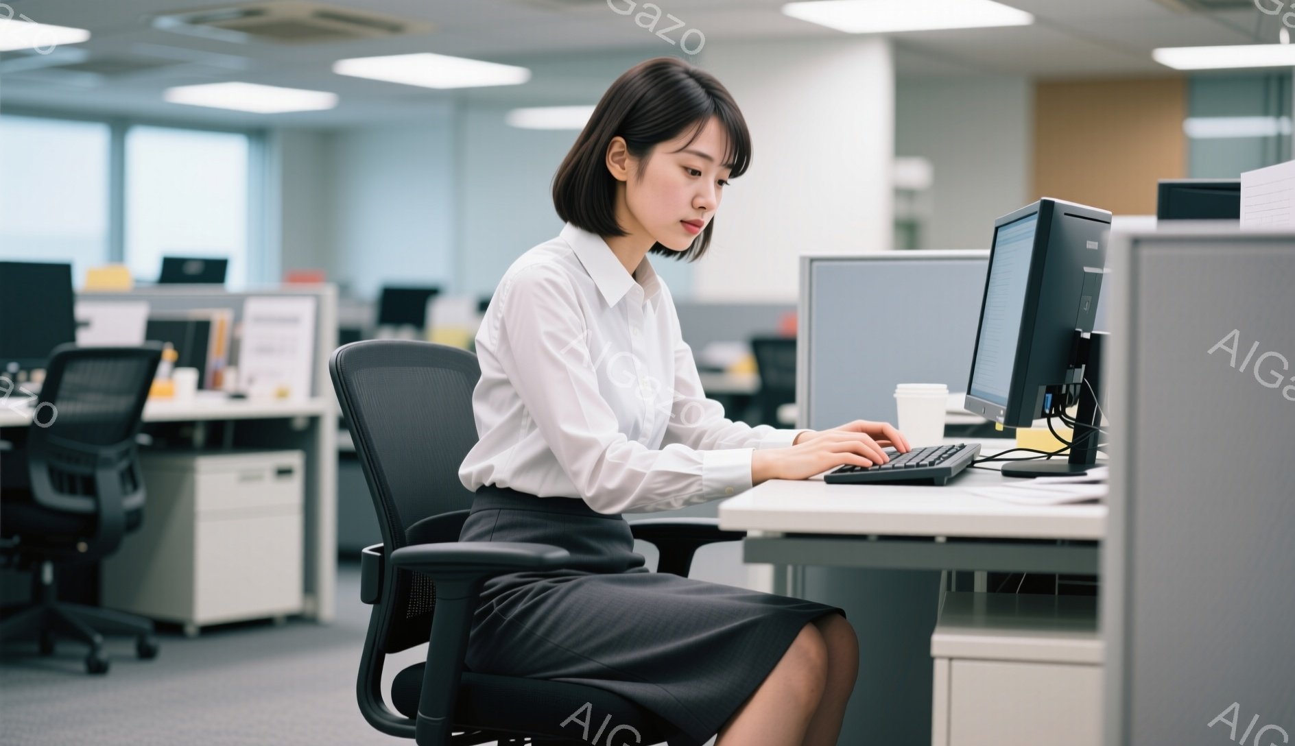 白いブラウスと黒いスカートを着用した女性が、オフィスでパソコンに向かってタイピングしている。彼女は黒髪のショートヘアで、集中した表情でキーボードを見つめている。背景には他のオフィスのデスクや収納棚が見え、明るい光が差し込む室内は、落ち着いた雰囲気である。